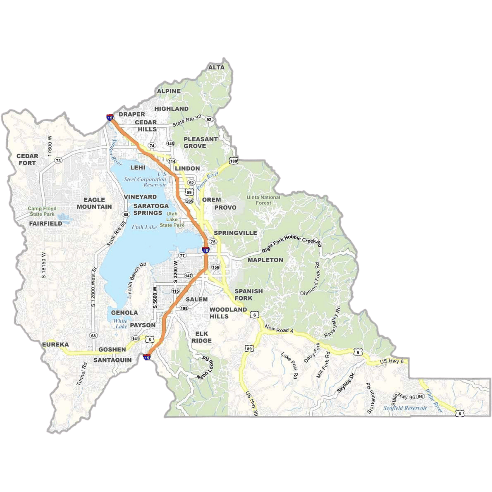 Map of Utah County, Utah showing the cities Utah Valley Deck Builders serves